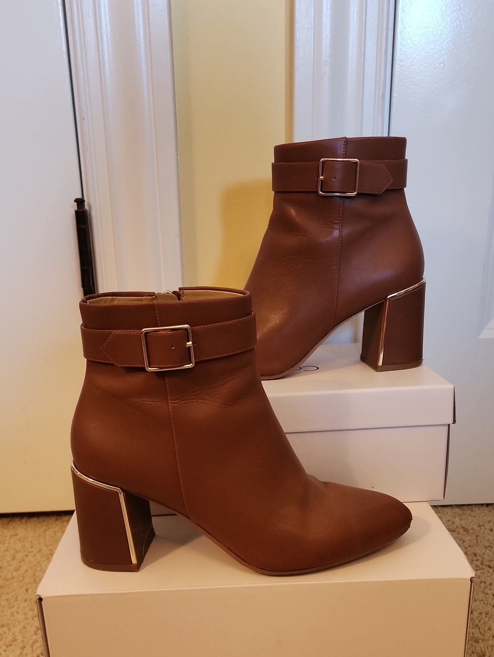 Talbots Cognac Brown Buckle Strap Block Heel Ankle Boots